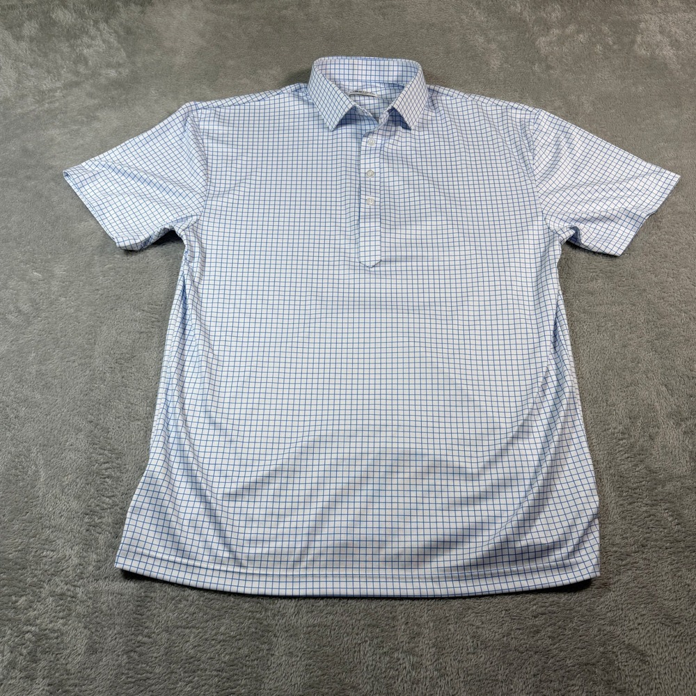 Collars & Co. Dress Collar Polo Mens Large White Blue Grid Check Short Sleeve